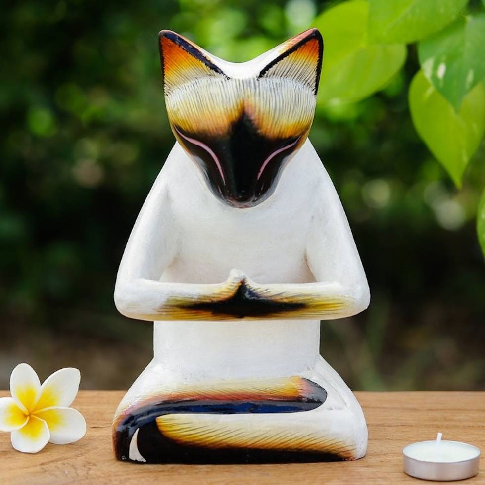 Handcrafted Yoga-Themed Siamese Cat Raintree Wood Sculpture 'Feline Yoga'