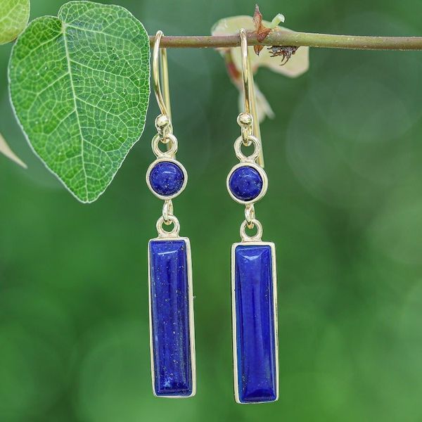 Alternate image for Modern 18k Gold-Plated Lapis Lazuli Bar Dangle Earrings Vivid Magic