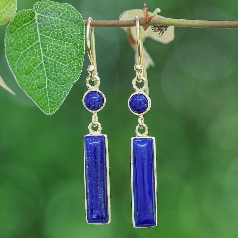 Modern 18k Gold-Plated Lapis Lazuli Bar Dangle Earrings 'Vivid Magic'
