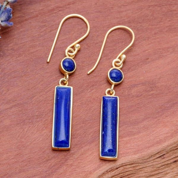 Alternate image for Modern 18k Gold-Plated Lapis Lazuli Bar Dangle Earrings Vivid Magic