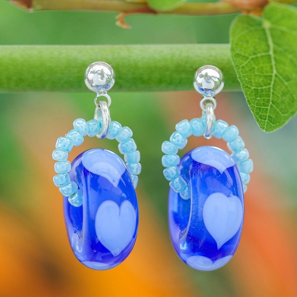 Handblown Glass Beaded Blue Dangle Earrings with Heart Motif 'Perpetual Love'