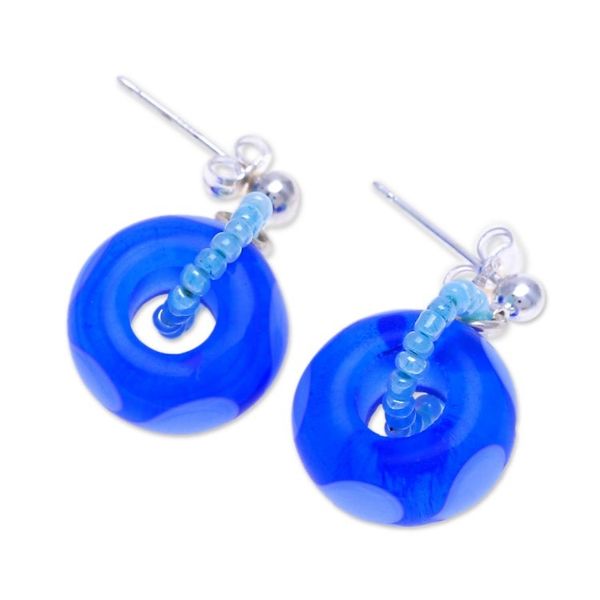 Alternate image for Handblown Glass Beaded Blue Dangle Earrings with Heart Motif Perpetual Love