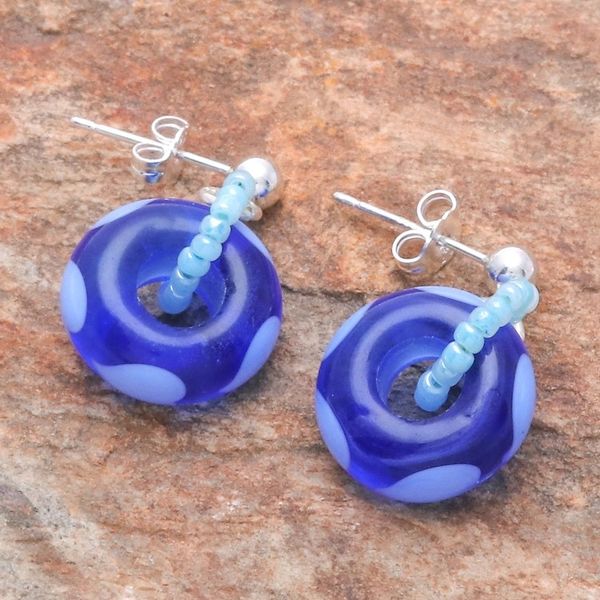 Alternate image for Handblown Glass Beaded Blue Dangle Earrings with Heart Motif Perpetual Love