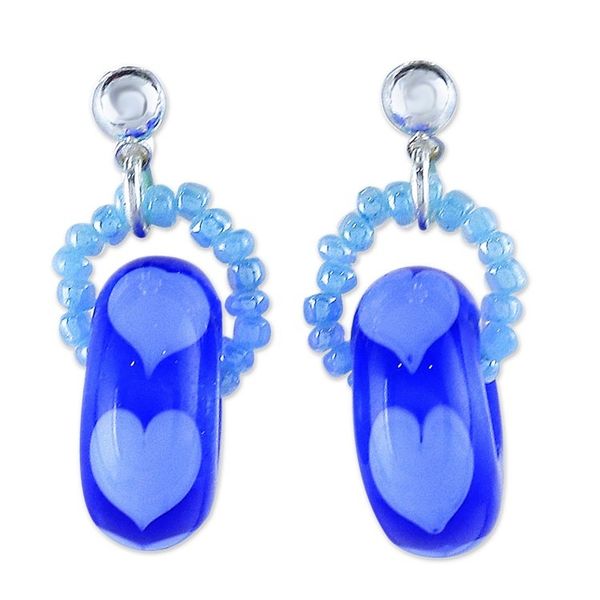 Alternate image for Handblown Glass Beaded Blue Dangle Earrings with Heart Motif Perpetual Love