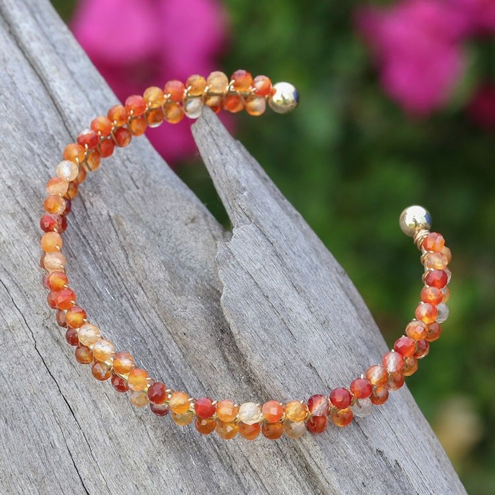 14k Gold-Accented Agate Beaded Cuff Bracelet from Thailand 'Lively Colors'