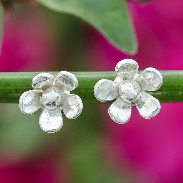 Alternate image for Hammered Sterling Silver Stud Earrings with Floral Design Bloom Spectacle