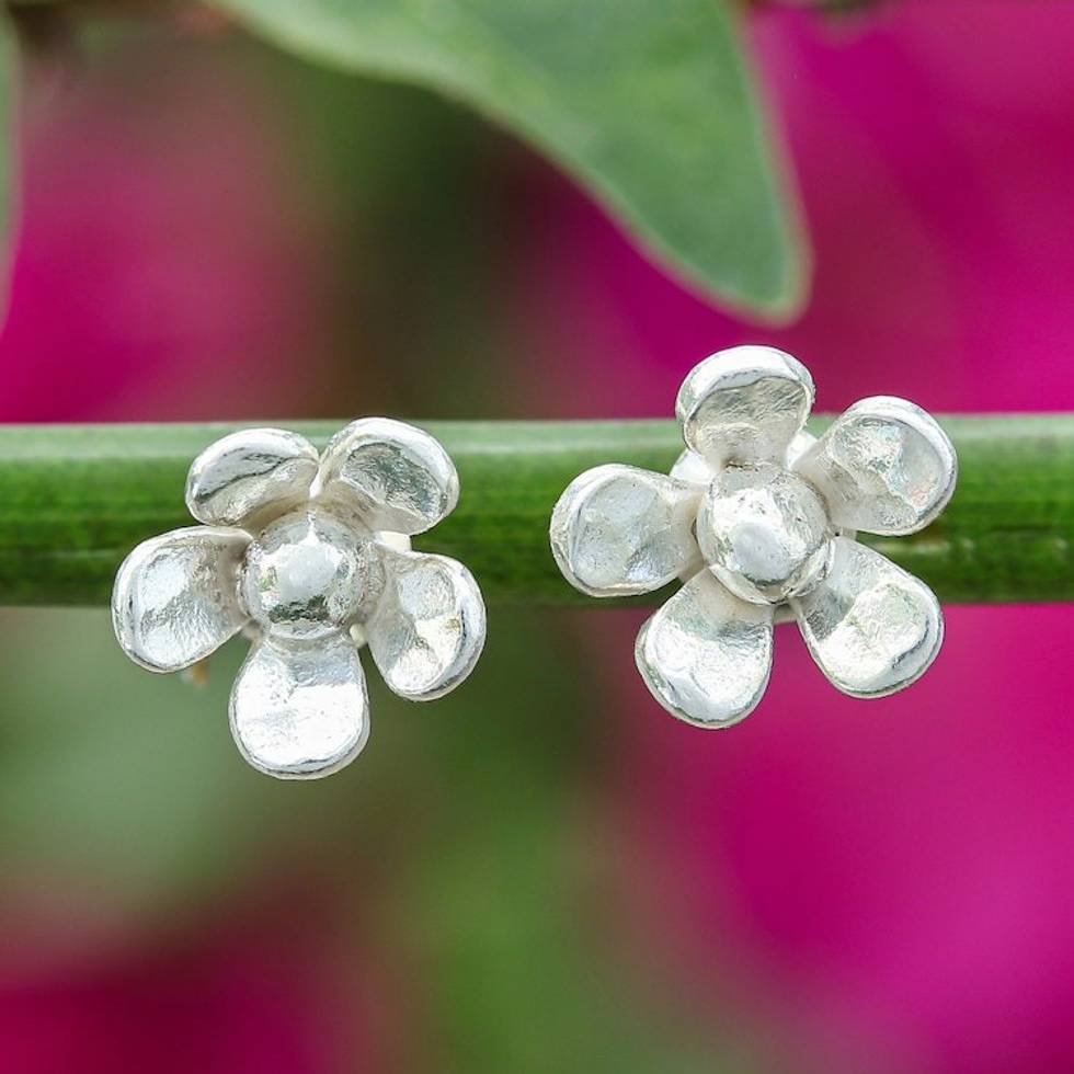 Hammered Sterling Silver Stud Earrings with Floral Design 'Bloom Spectacle'