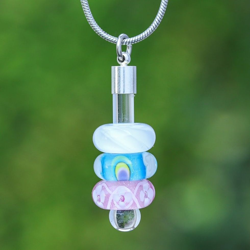 Artisan-Made Multicolor Blown Glass Beaded Pendant Necklace 'Fairy Amulets'