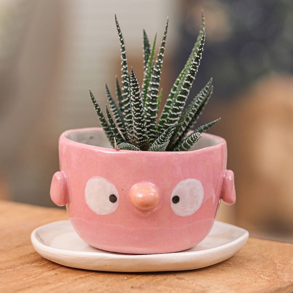 Pink Bird-Shaped Ceramic Mini Flower Pot and Saucer Small 'Pink Bird Spring'