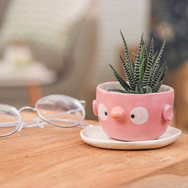 Alternate image for Pink Bird-Shaped Ceramic Mini Flower Pot and Saucer Small Pink Bird Spring