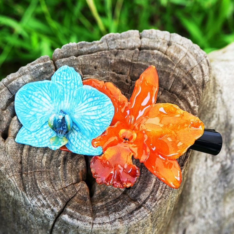 Summer-Themed Turquoise and Orange Orchid Flower Hair Clip 'Summer Belle'