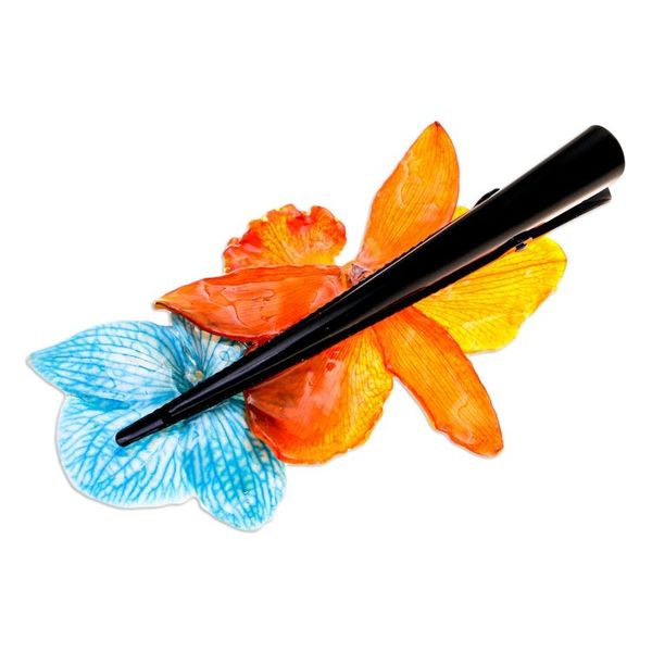 Alternate image for Summer-Themed Turquoise and Orange Orchid Flower Hair Clip Summer Belle