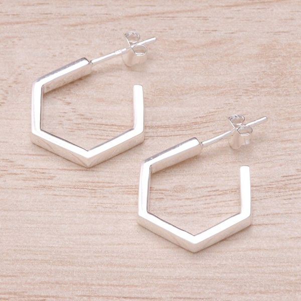 Alternate image for Modern Pentagon-Shaped Sterling Silver Half-Hoop Earrings Pentagon of Etherealness