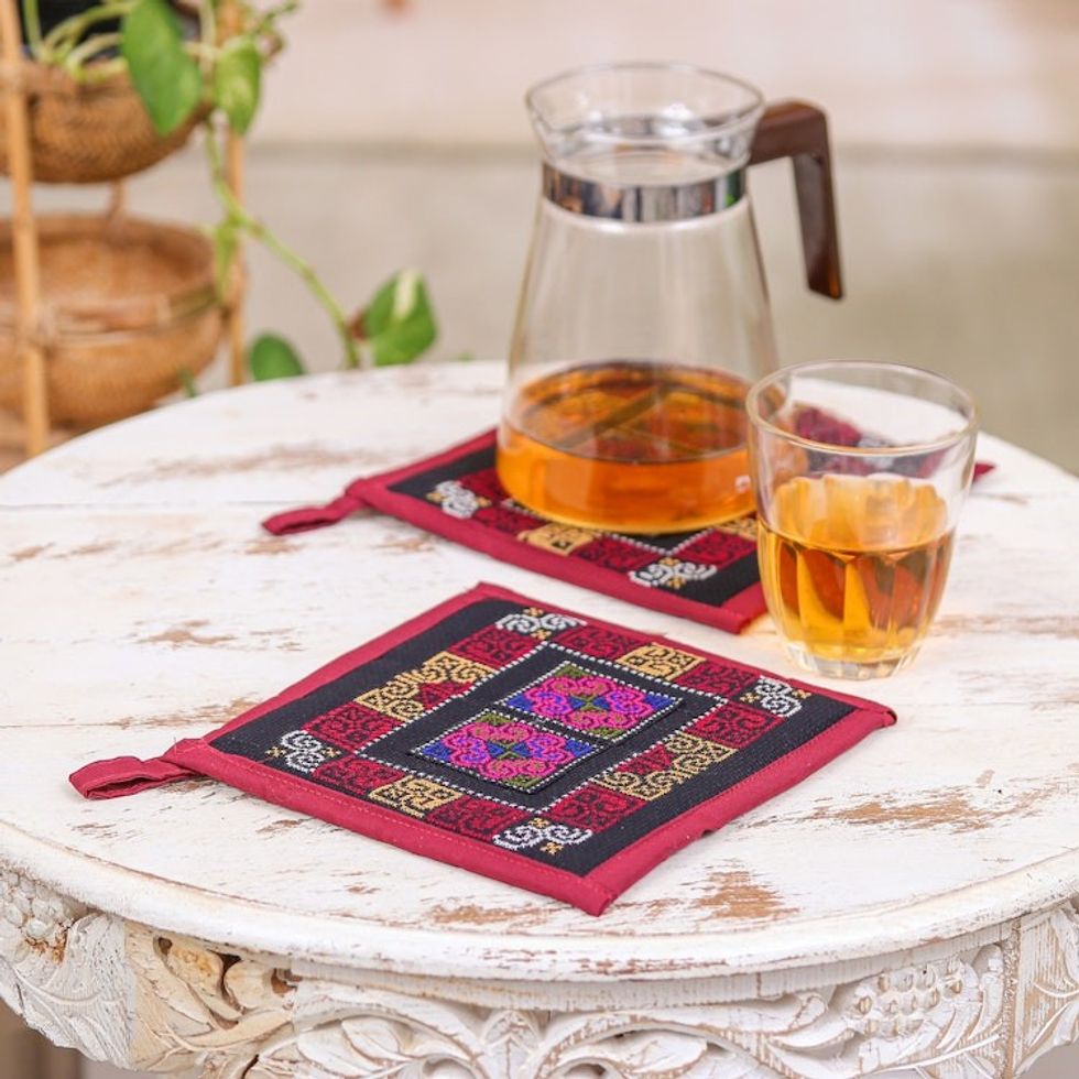 2 Burgundy Hmong Hill Tribe Embroidered Cotton Blend Trivets 'Hmong Cooking in Burgundy'
