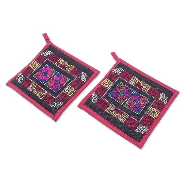 Alternate image for 2 Burgundy Hmong Hill Tribe Embroidered Cotton Blend Trivets Hmong Cooking in Burgundy