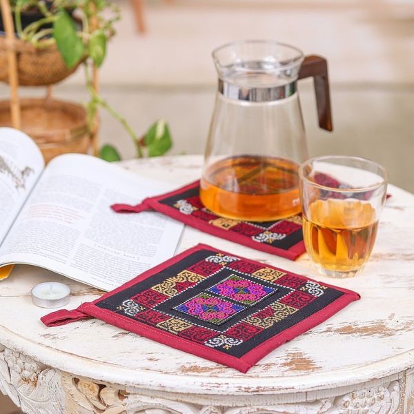 Alternate image for 2 Burgundy Hmong Hill Tribe Embroidered Cotton Blend Trivets Hmong Cooking in Burgundy