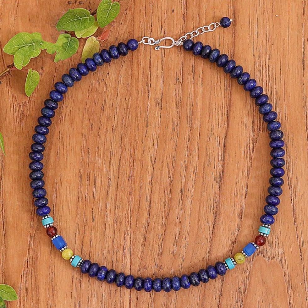 Fair Trade Blue Multi-Gemstone Beaded Necklace from Thailand 'Mystic Firmament'