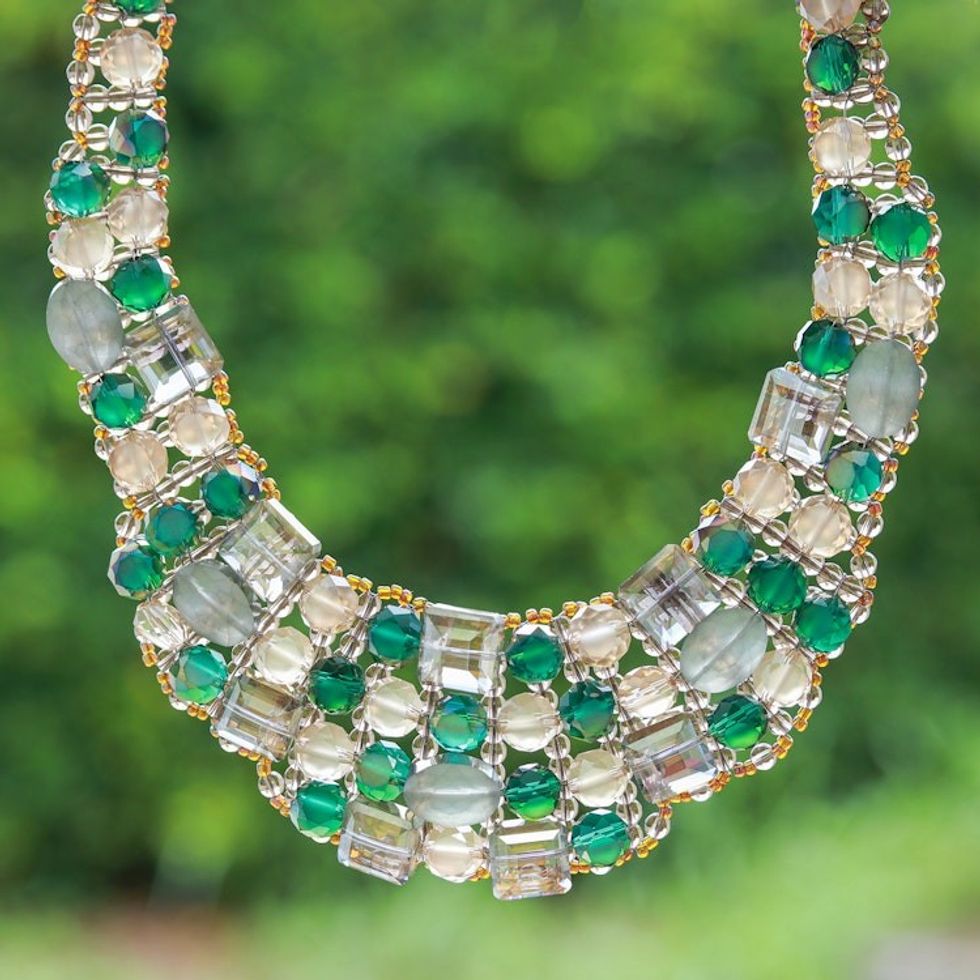 Green Glass Beaded Choker Necklace Handmade in Thailand 'Crystallized Green Nights'