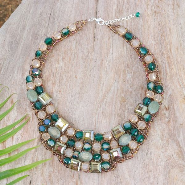 Alternate image for Green Glass Beaded Choker Necklace Handmade in Thailand Crystallized Green Nights