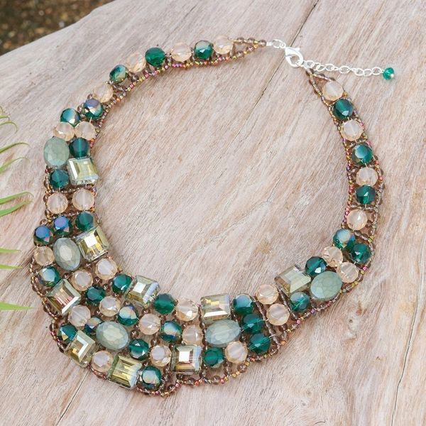 Alternate image for Green Glass Beaded Choker Necklace Handmade in Thailand Crystallized Green Nights