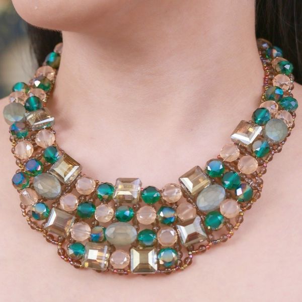 Alternate image for Green Glass Beaded Choker Necklace Handmade in Thailand Crystallized Green Nights