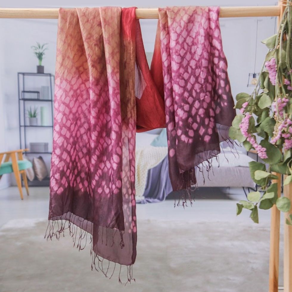Tie-Dyed Burgundy Purple Batik Rayon and Silk Blend Scarf 'Burgundy Fusion'