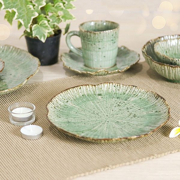 Alternate image for Lotus-Inspired Speckled Green Celadon Ceramic Luncheon Plate Lotus Table