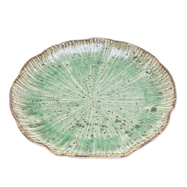 Alternate image for Lotus-Inspired Speckled Green Celadon Ceramic Luncheon Plate Lotus Table