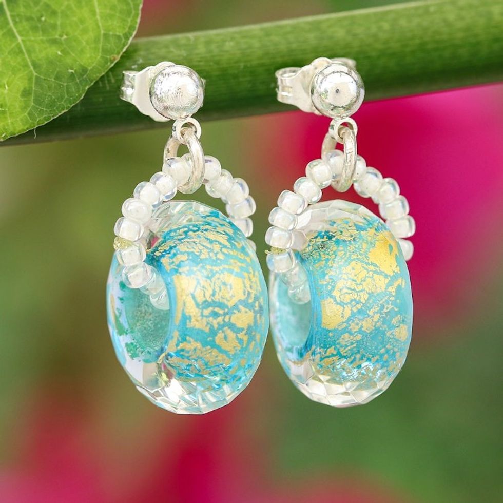 Modern Abstract Handblown Glass Beaded Dangle Earrings 'Luxurious Sky'