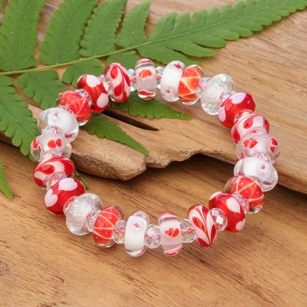 Heart-Themed Red Blown Glass Crystal Beaded Stretch Bracelet 'Passion Spell'