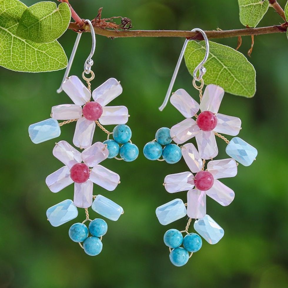Blue and White Quartz and Howlite Beaded Dangle Earrings 'Zephyr Spring'