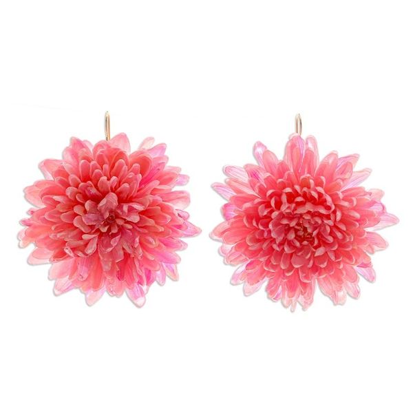 Alternate image for 22k Gold-Accented Pink Chrysanthemum Flower Dangle Earrings Happy Hot Pink