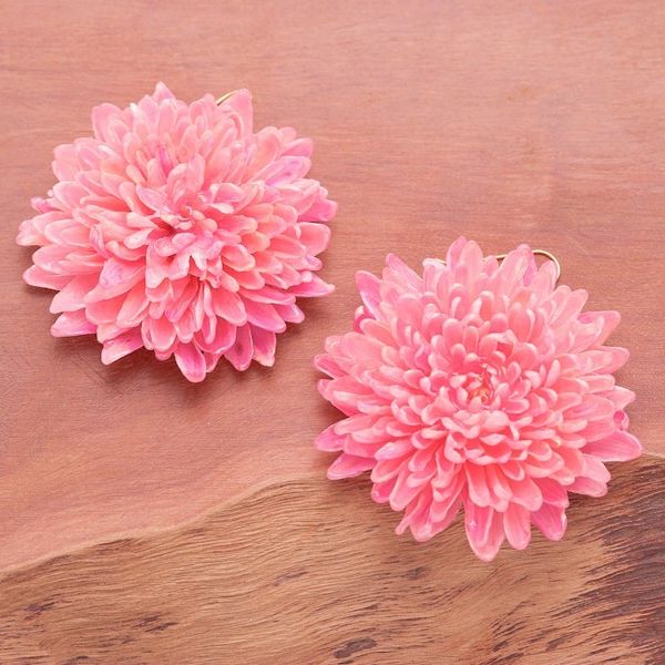 Alternate image for 22k Gold-Accented Pink Chrysanthemum Flower Dangle Earrings Happy Hot Pink