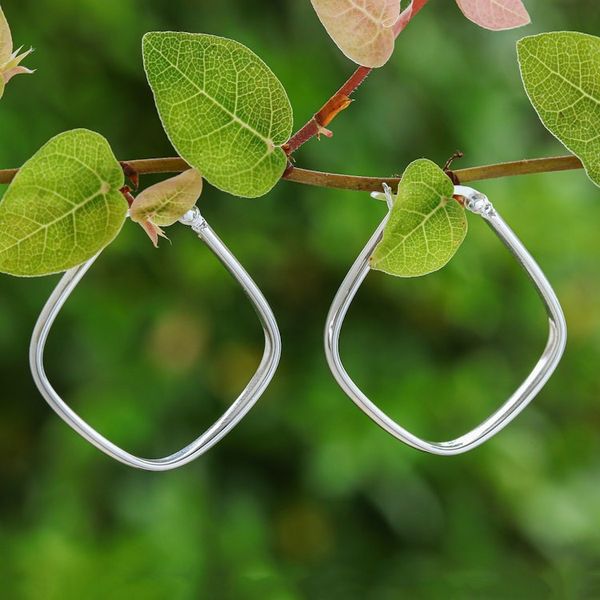 Alternate image for Thai Artisan-Made Minimalist Sterling Silver Hoop Earrings Sides of Utopia
