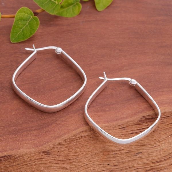 Alternate image for Thai Artisan-Made Minimalist Sterling Silver Hoop Earrings Sides of Utopia