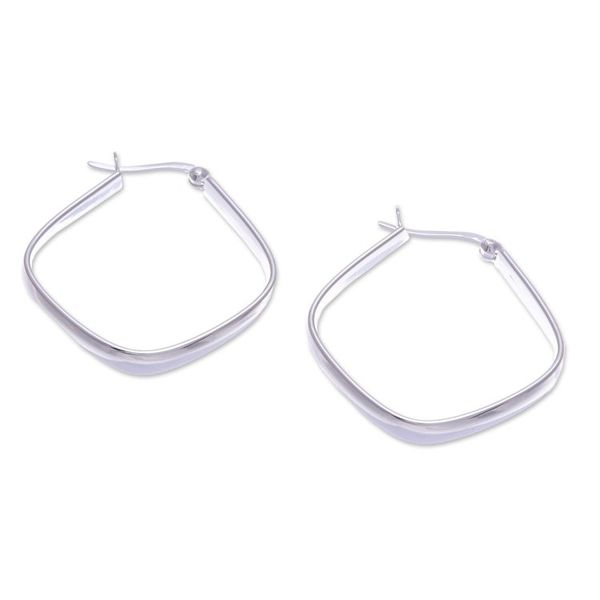 Alternate image for Thai Artisan-Made Minimalist Sterling Silver Hoop Earrings Sides of Utopia