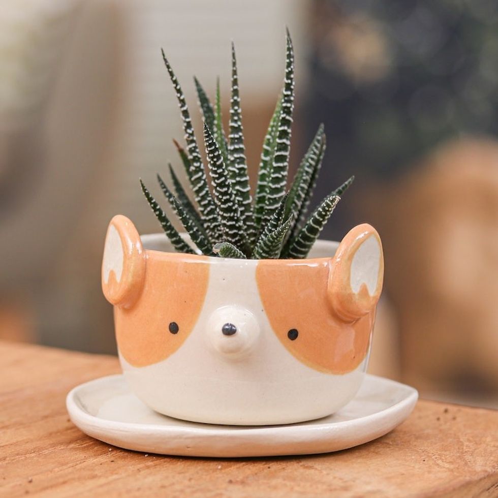 Artisan-Made Dog Ceramic Mini Flower Pot and Saucer Small 'Corgi Spring'