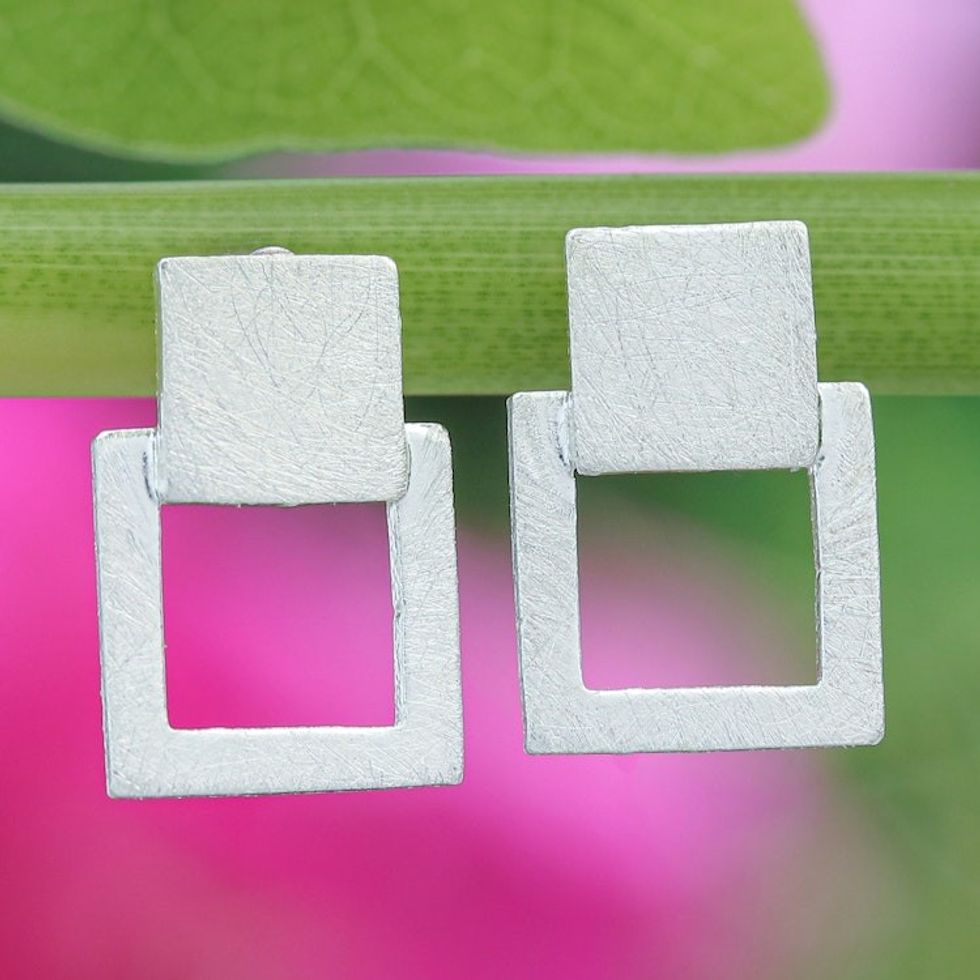 Modern Geometric Sterling Silver Drop Earrings from Thailand 'Ethereally Square'