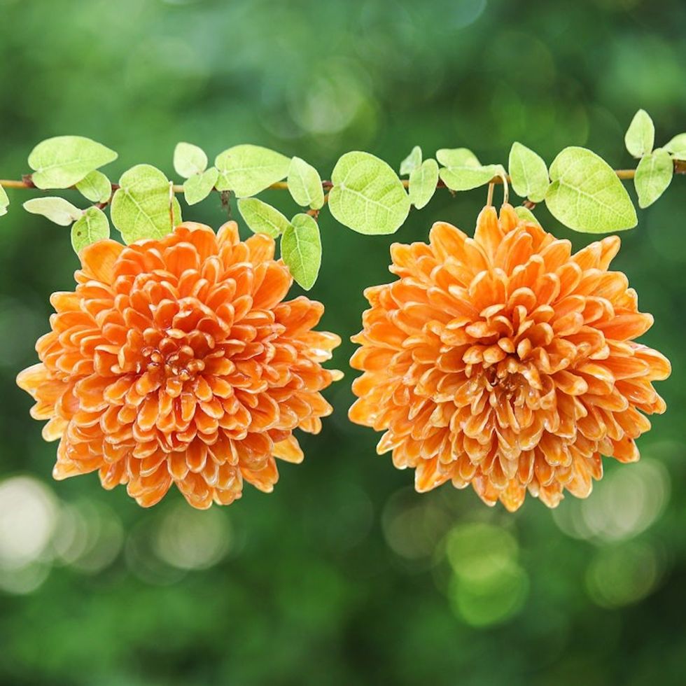 Orange Chrysanthemum Dangle Earrings with 22k Gold Accents 'Happy Orange'