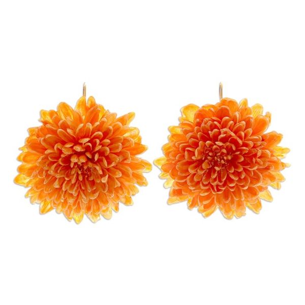 Alternate image for Orange Chrysanthemum Dangle Earrings with 22k Gold Accents Happy Orange