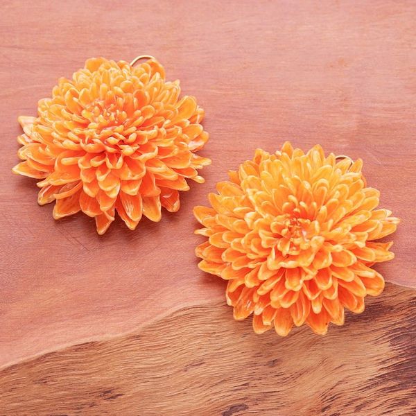 Alternate image for Orange Chrysanthemum Dangle Earrings with 22k Gold Accents Happy Orange