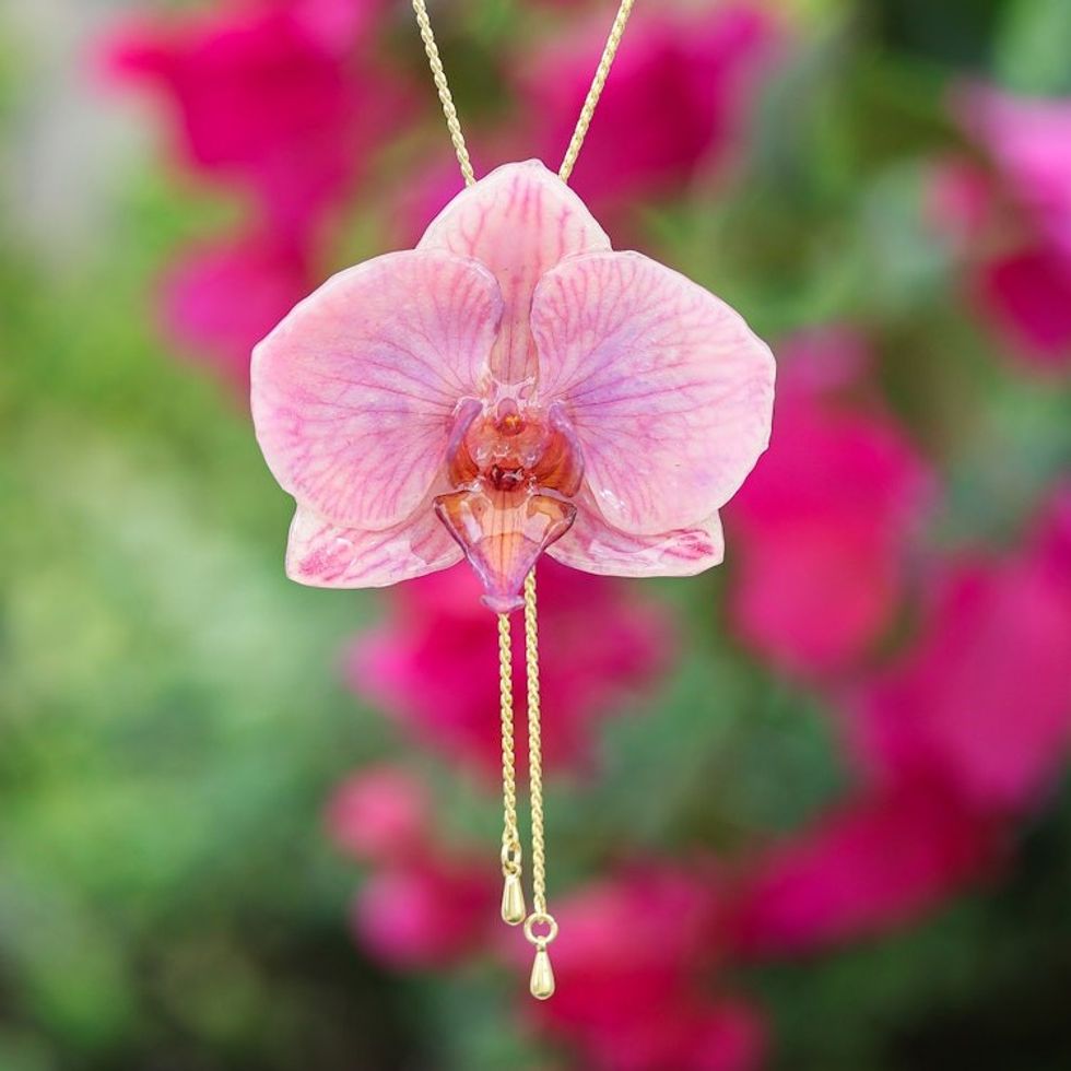 Handmade 22k Gold-Accented Lariat Necklace with Pink Orchid 'Primaveral Fantasy'
