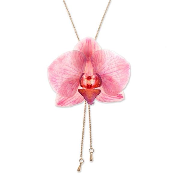 Alternate image for Handmade 22k Gold-Accented Lariat Necklace with Pink Orchid Primaveral Fantasy