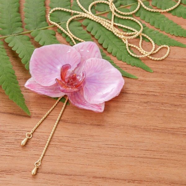 Alternate image for Handmade 22k Gold-Accented Lariat Necklace with Pink Orchid Primaveral Fantasy