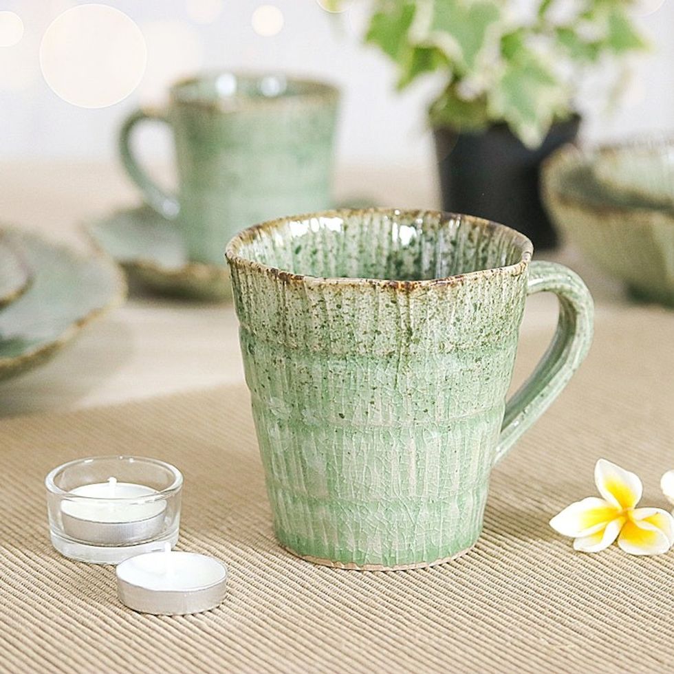 Handcrafted Speckled Green Celadon Ceramic Mug 'Green Trend'