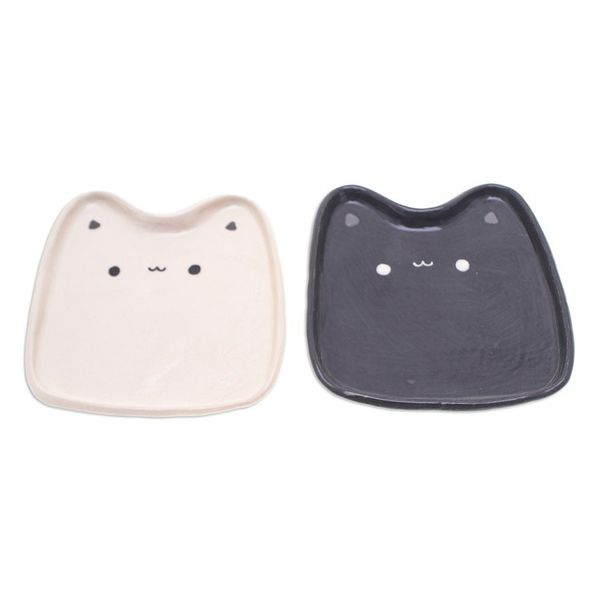 Alternate image for Set of 2 Cat-Shaped Black and White Ceramic Catchalls Black White Felines
