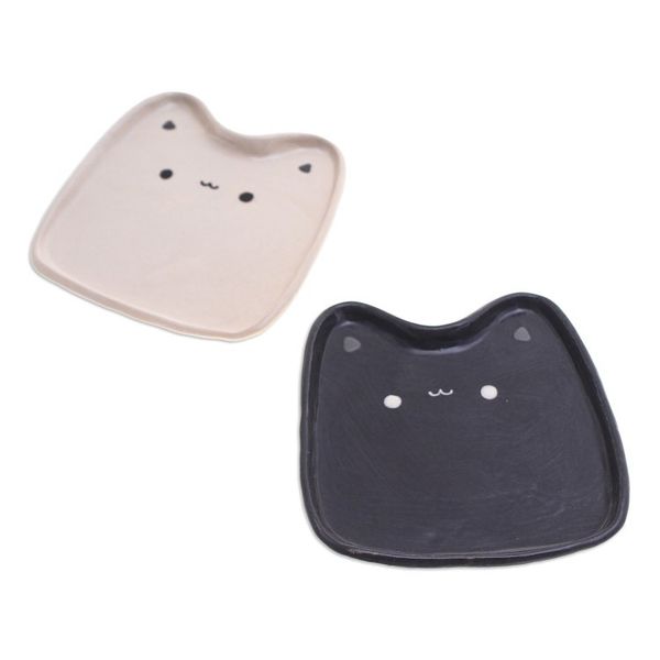 Alternate image for Set of 2 Cat-Shaped Black and White Ceramic Catchalls Black White Felines