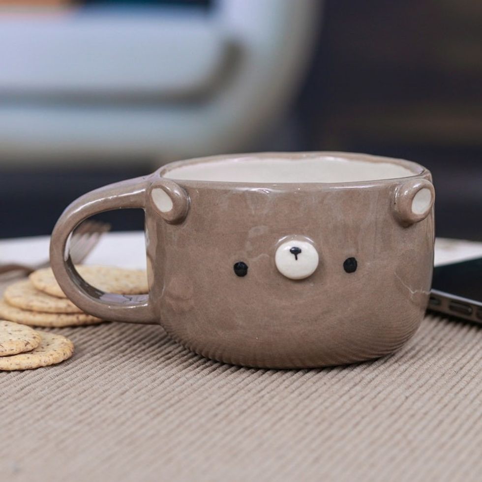 Thai Ceramic 6 oz Bear Cup with a Glossy Finish 'Bear Elixir'