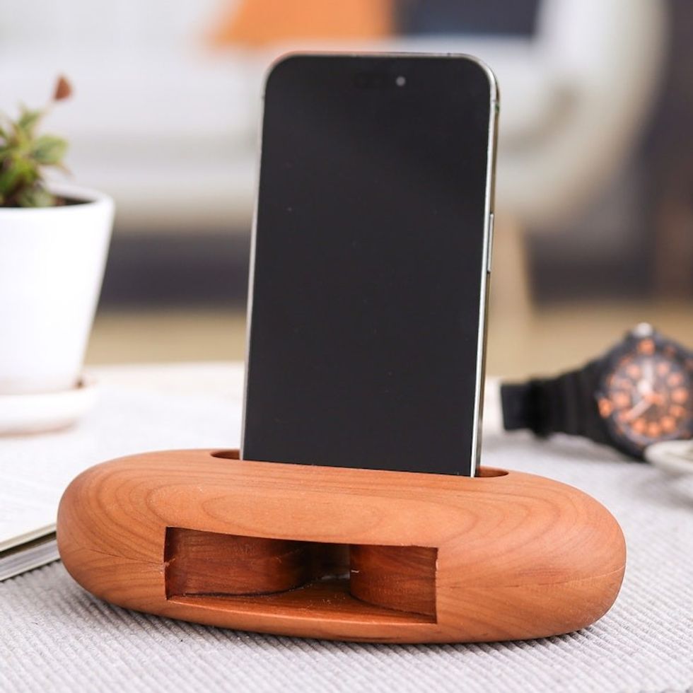 Hand-Carved Minimalist Oval Cherry Wood Phone Speaker 'Serene Sounds'