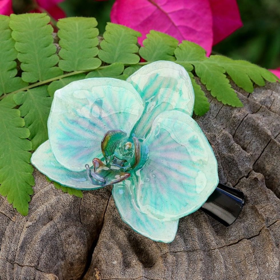 Resin-Coated Turquoise Orchid Stainless Steel Hair Clip 'River Fantasy'